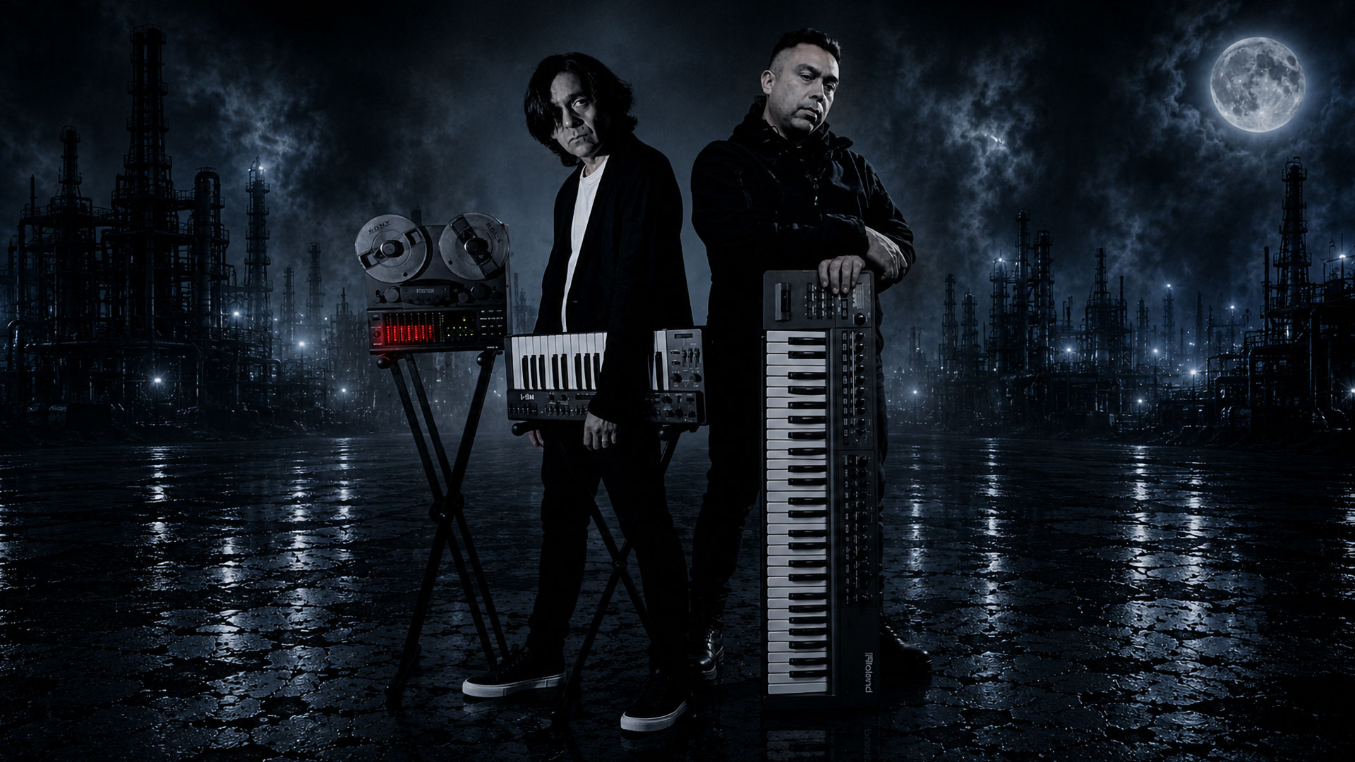 EVALON — Dark Synthpop Duo performing under a full moon in an abandoned cityscape